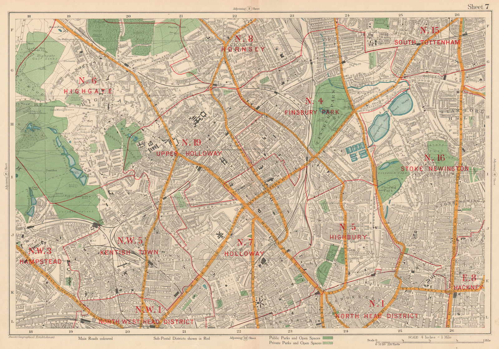 N LONDON Finsbury Park Highgate Holloway Stoke Newington Camden. BACON 1927 map